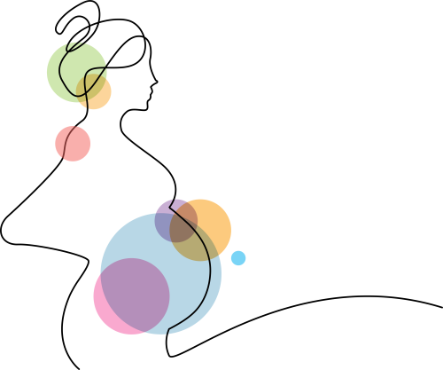 Abstrakte Line-Art-Illustration einer schwangeren Frau im Profil, deren Bauch durch sanfte, bunte Kreise in Pastelltönen hervorgehoben wird