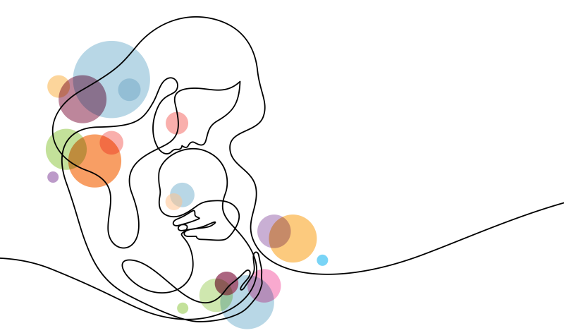 Abstrakte Line-Art-Illustration einer Mutter, die ihr Baby im Arm hält, ergänzt durch sanfte, bunte Kreise im Hintergrund