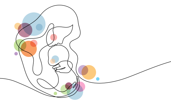 Abstrakte Line-Art-Illustration einer Mutter, die ihr Baby im Arm hält, ergänzt durch sanfte, bunte Kreise im Hintergrund