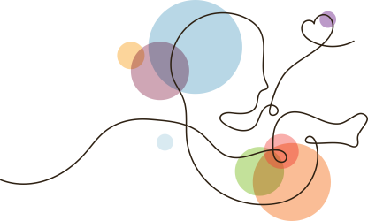 Abstrakte Line-Art-Illustration eines Embrio, mit einer Nabelschnur, die in einer Herzform endet, umgeben von sanften, bunten Kreisen