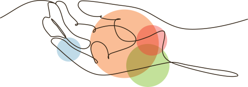 Abstrakte Line-Art-Illustration einer geöffneten, haltenden Hand, kombiniert mit sanften, farbigen Kreisen in Pastelltönen